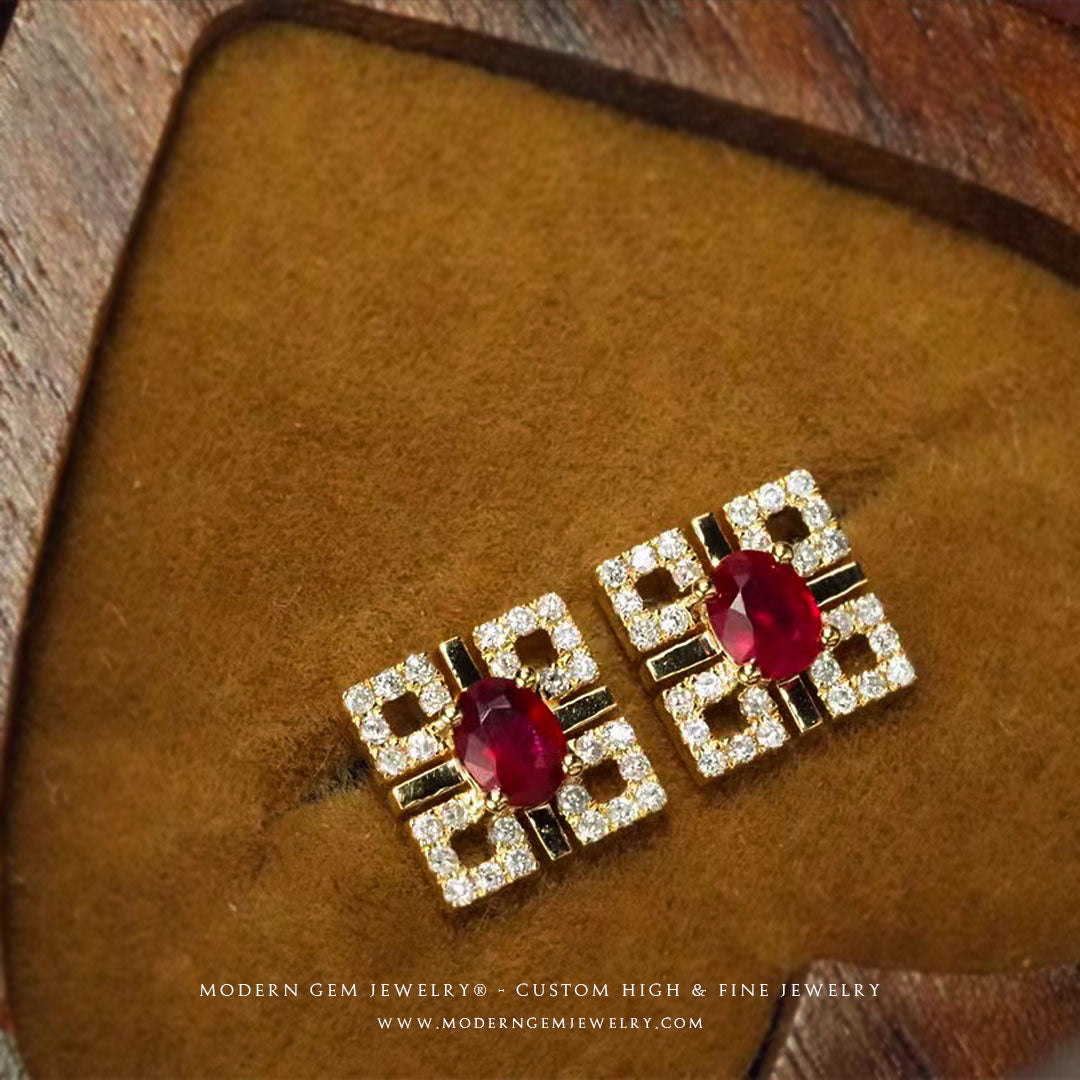 Vintage Ruby Earrings In Yellow Gold | Custom Earrings| Modern Gem Jewelry