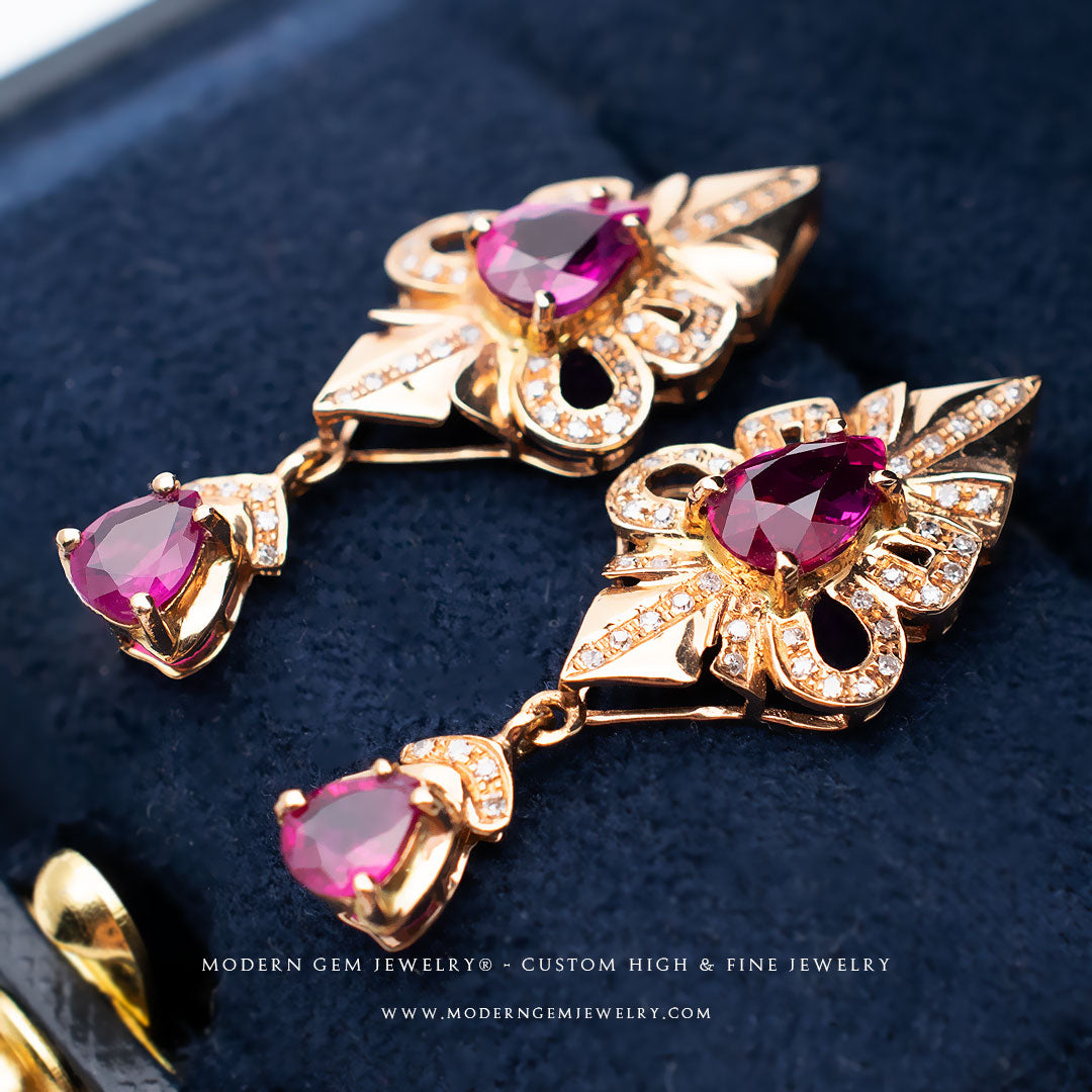 Pear Shaped Ruby Earrings with Diamonds | Custom Earrings| Modern Gem Jewelry