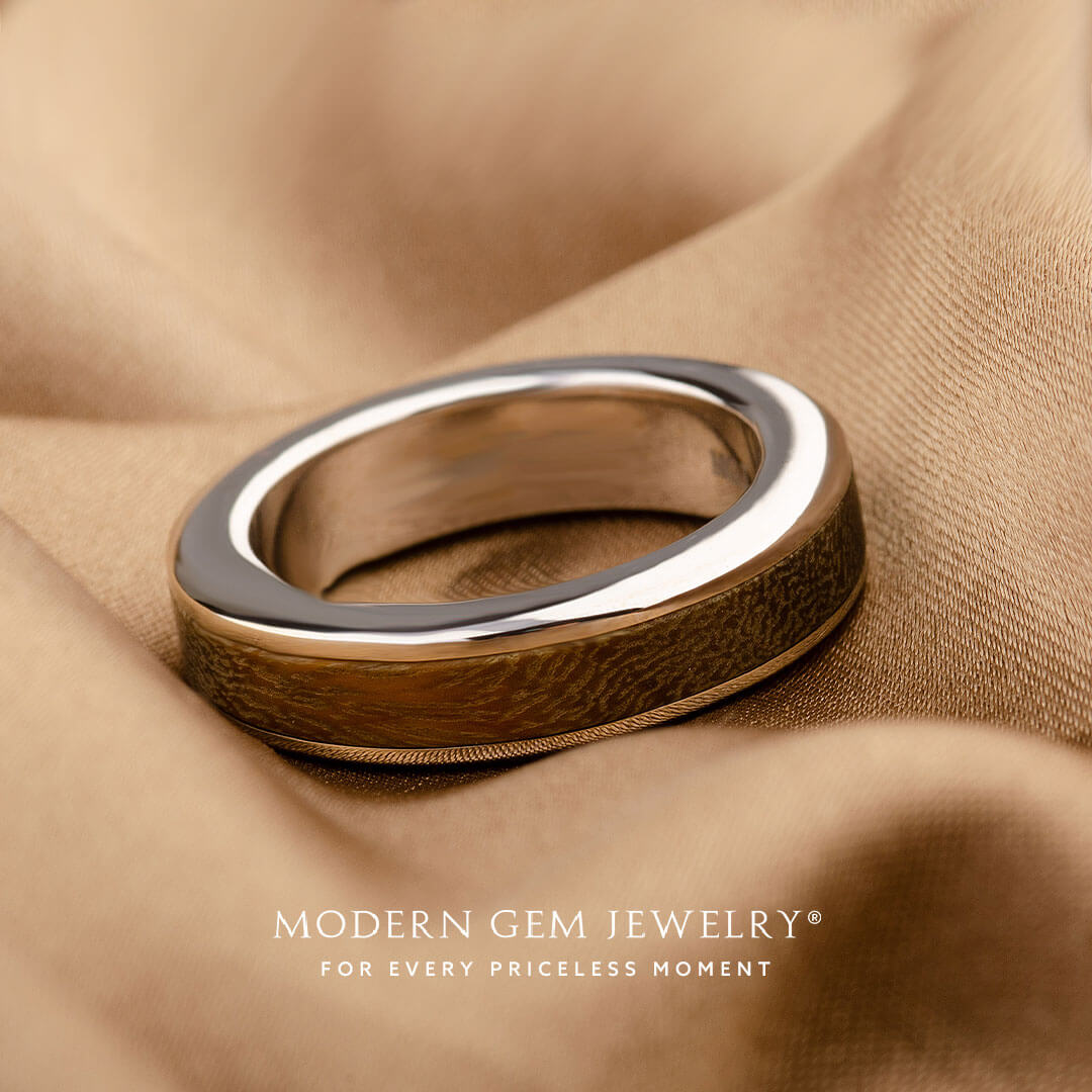 Women's Wood-Inspired Band in 18K White Gold on Brown Silk  | Modern Gem Jewelry | Saratti 