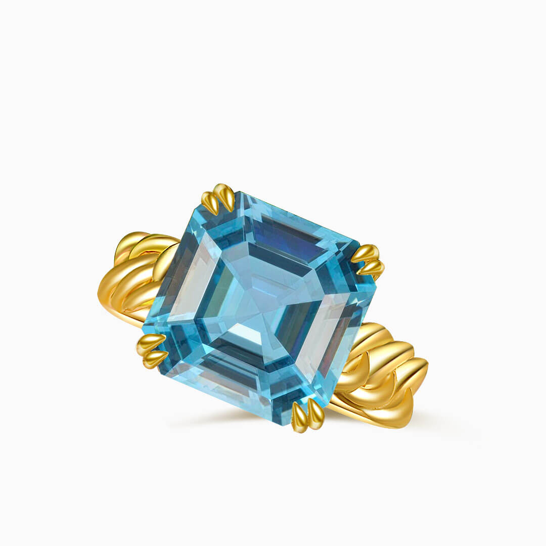 Cordelle Asscher-cut Aquamarine rope-band solitaire ring setting in yellow gold, profile view | SARATTI