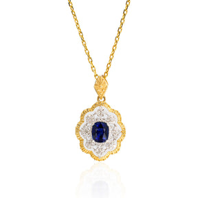 Gold Sapphire Necklace and Diamonds In Double Halo Setting | Saratti