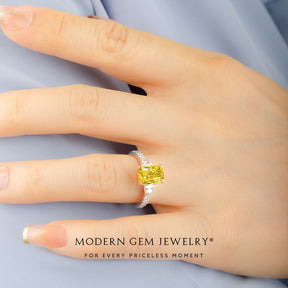 Sparkling Three Stone Fancy Yellow Sapphire Ring with Diamonds | Modern Gem Jewelry | Saratti
