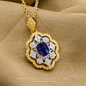 Double Halo Necklace with Blue Sapphire and Diamonds | Saratti
