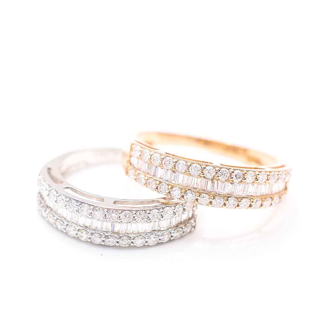 Eternity Band with Baguette and Round Diamonds in White and Rose Gold| Custom Made Wedding Rings | Modern Gem Jewelry | Saratti 