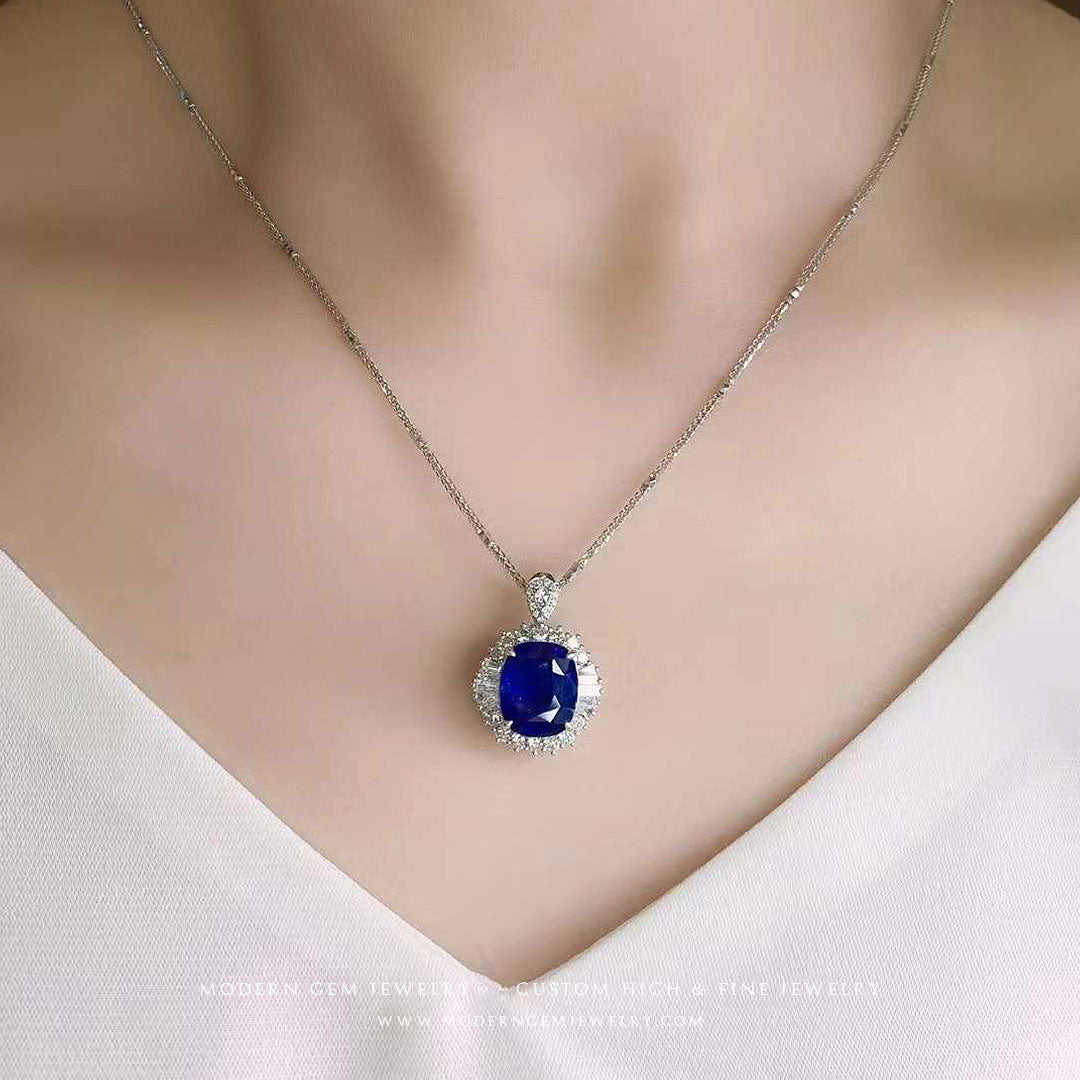 Dual Purpose White Gold Sapphire Ring and Pendant with Diamond Halo | 5 carat Unheated Cushion Royal Blue | High End Jewelry Split Shank Ring | Modern Gem Jewelry | Saratti