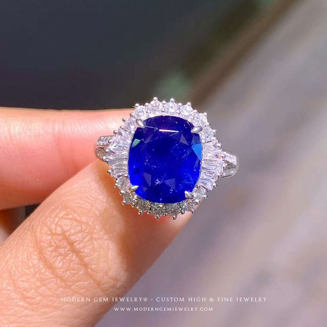 White Gold Sapphire Ring with Diamond Halo | 5 carat Unheated Cushion Royal Blue | High End Jewelry Split Shank Ring | Modern Gem Jewelry