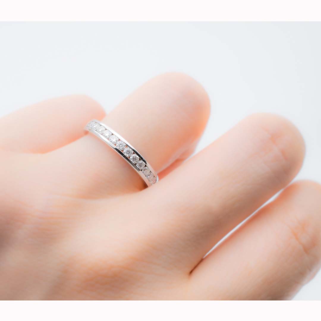 Channel Set Wedding Band in  White Gold | Custom Made Wedding Ring on Female Finger  | Modern Gem Jewelry | Saratti 