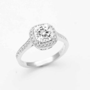 Cushion Cut Moissanite Ring with Halo in White Gold | Custom Made Engagement Ring | Modern Gem Jewelry