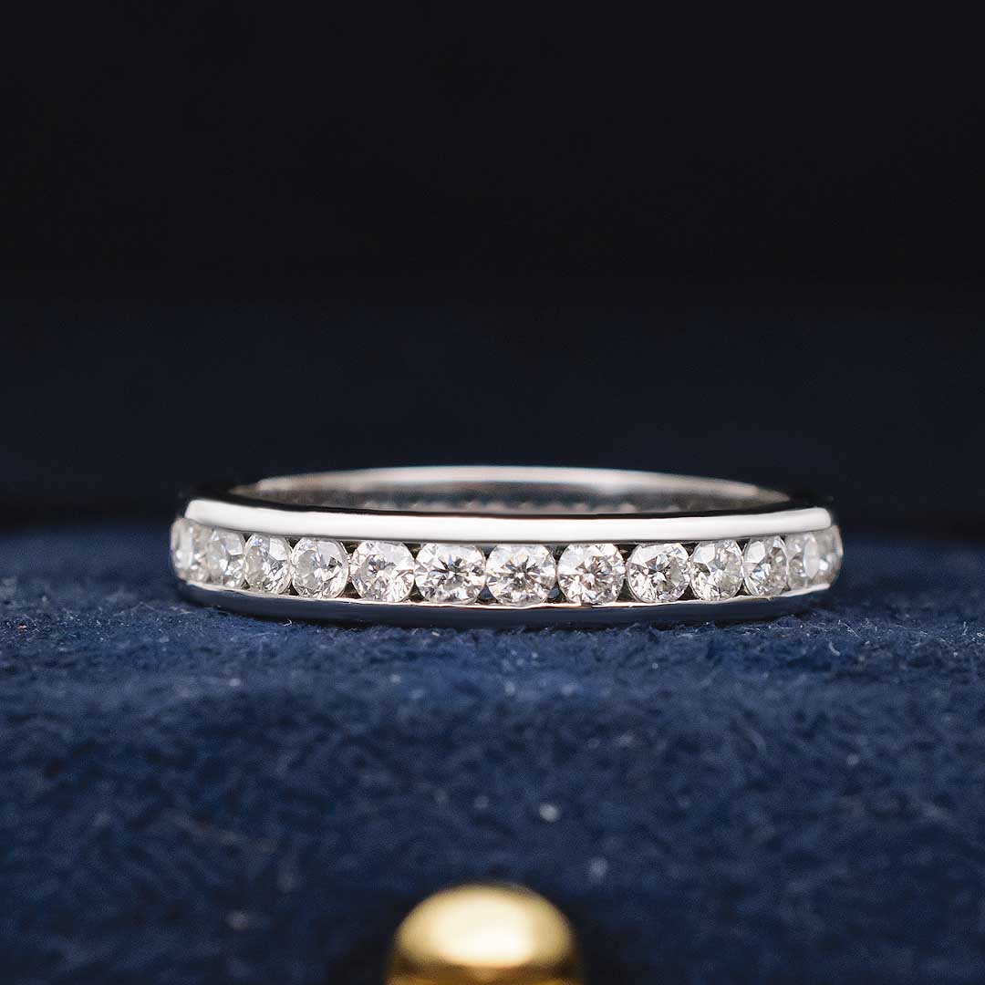 Channel Set Wedding Band in  White Gold in Blue Jewelry Box | Custom Made Wedding Ring in  | Modern Gem Jewelry  | Saratti