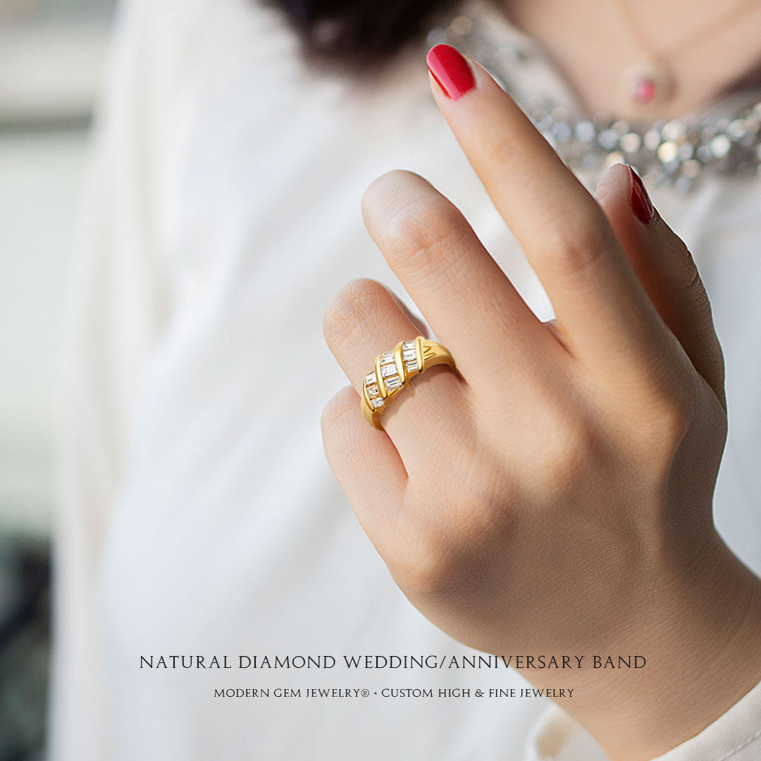 Baguette Eternity Band in Yellow Gold on Female Finger| Custom Made Half Eternity Band | Modern Gem Jewelry