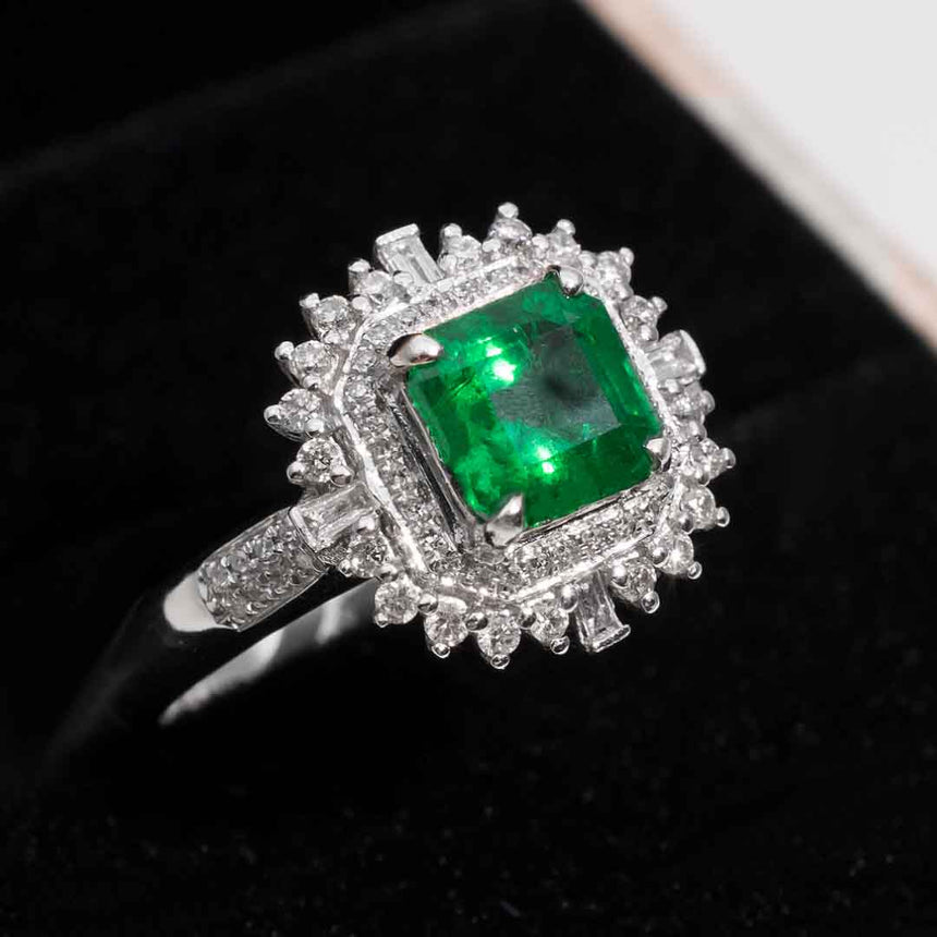 Antique Asscher Cut Emerald Ring with a Double Natural Diamond Halo 