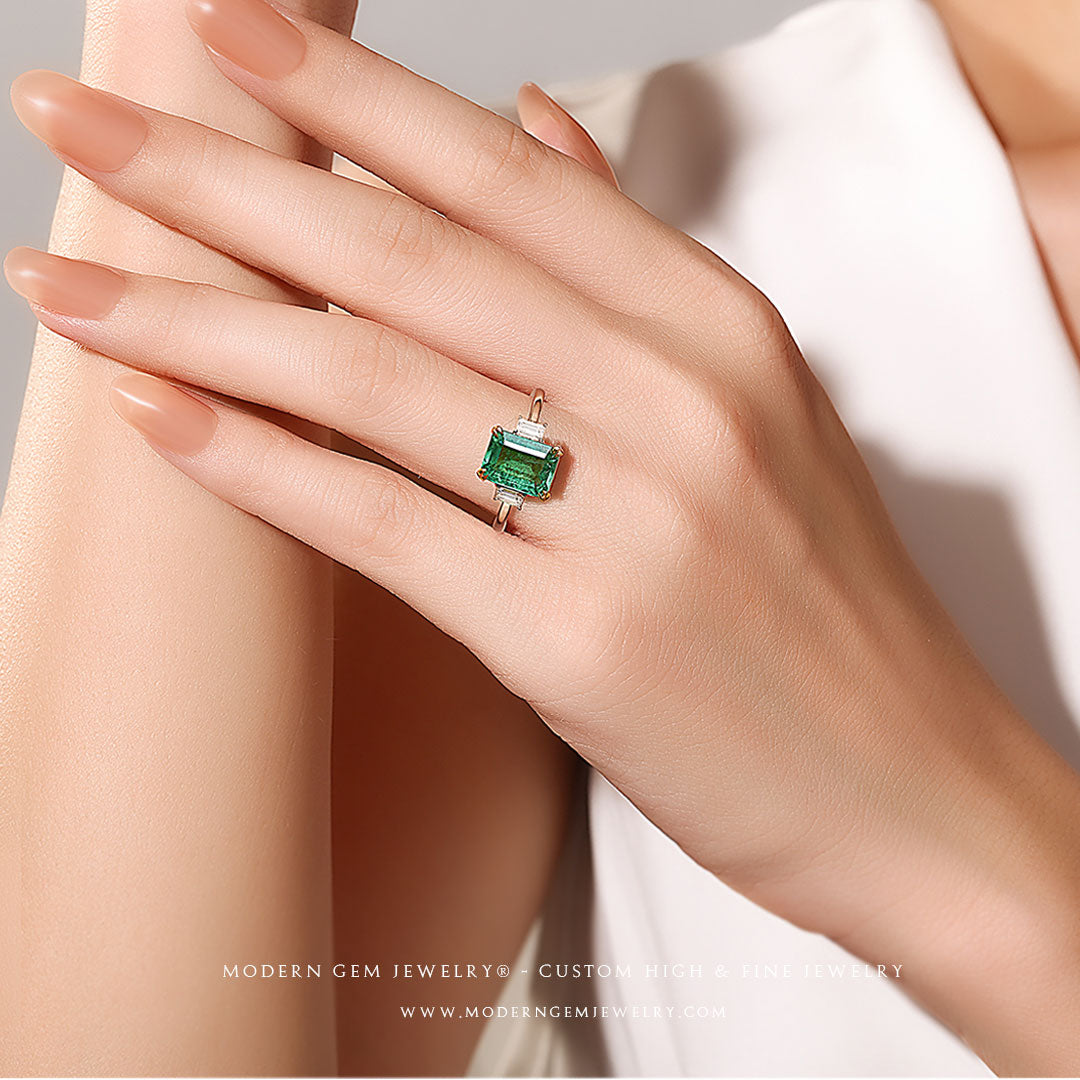 Emerald Birthstone Ring with Diamonds Three Stone Deisng in 18K White Gold | Custom Made Emerald Ring | Modern Gem Jewelry