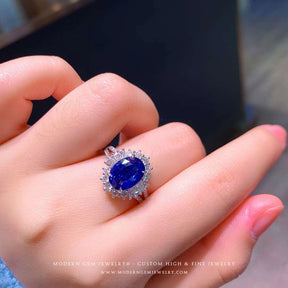 Royal Blue Sapphire Engagement Ring on Hand - Modern Gem Rings 