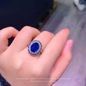 4 carats Oval Double Halo White Gold Gold | Royal Blue Ring | Custom Made High End Jewelry Ring | Modern Gem Jewelry