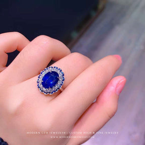4 carats Oval Double Halo White Gold Gold | Royal Blue Ring | Custom Made High End Jewelry Ring | Modern Gem Jewelry