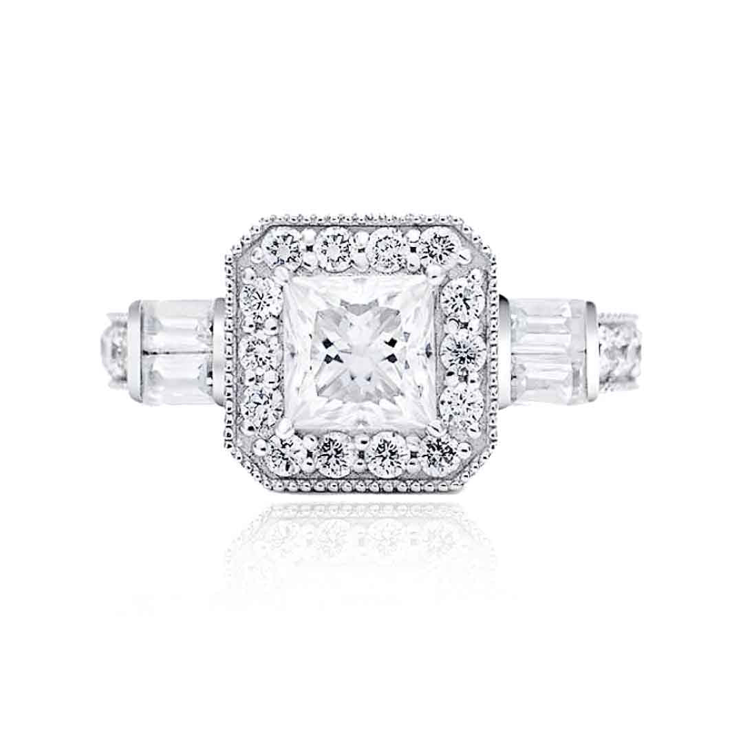 Princess Cut Moissanite Ring with Halo in 18K White Gold | Custom Engagement Ring | Modern Gem Jewelry