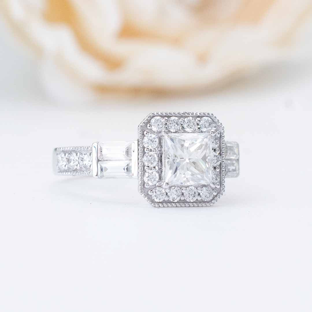 Princess Cut Moissanite Ring with Halo in 18K White Gold | Custom Engagement Ring | Modern Gem Jewelry